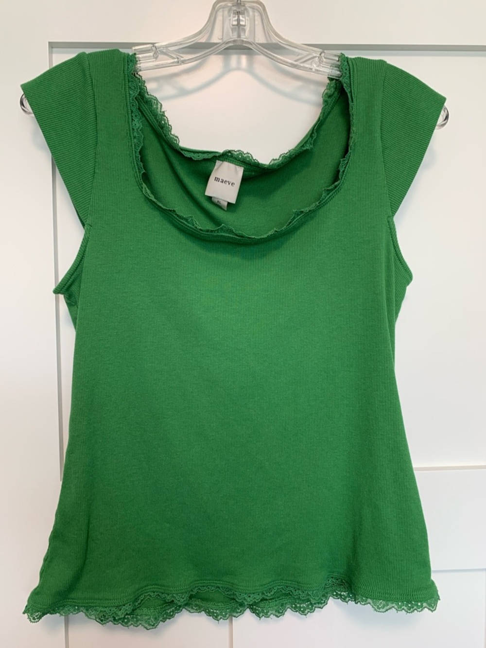 Maeve Green Lace-Trim Ribbed Cap Sleeve Top
